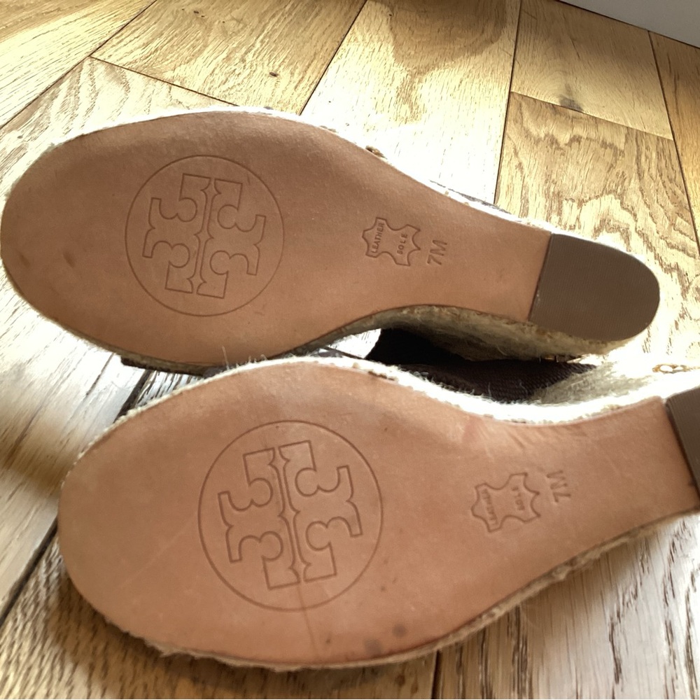 Tory Burch Brown Canvas Wedge Espadrille Sandals with Gold Logo - Picture 3 of 6